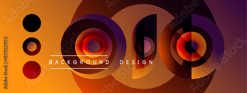 Abstract design features overlapping circles, gradients. Orange, purple hues dominate composition. Text reads background, design. Modern aesthetic.