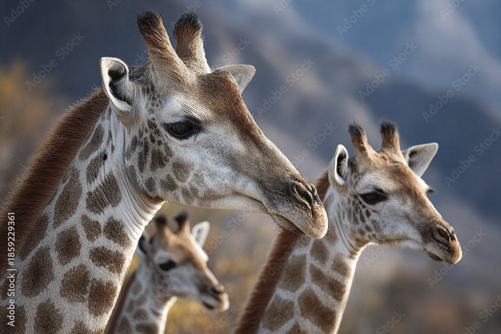 Naklejka premium Giraffe family in natural habitat with detailed fur patterns and calm expressions, wildlife photography capturing beauty of these tall African animals in soft natural light