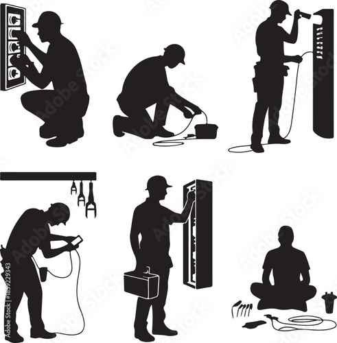 Electrician silhouettes performing various maintenance and repair tasks on electrical panels and wiring
