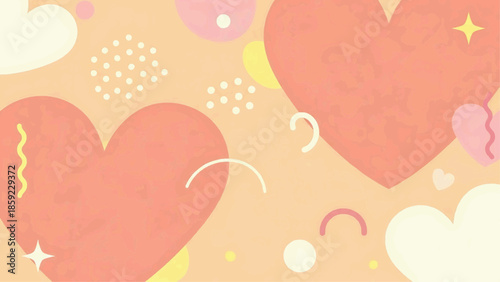 A colorful illustration of hearts and clouds on a peach background with vibrant designs and patterns