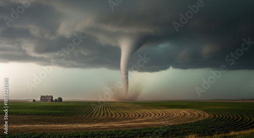 Powerful Tornado Touchdown in Rural Landscape with Stormy Sky.