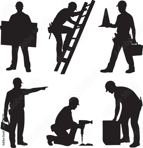 Construction worker silhouettes engaged in various building tasks including carrying materials climbing ladders and signaling