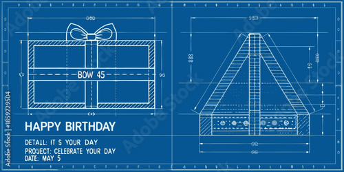 Blueprint of a gift box with a bow and happy birthday message
