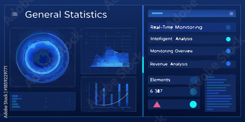 Futuristic data visualization dashboard displaying real time monitoring and analysis statistics