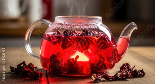 Hibiscus Tea in Glass Teapot with Dried Flowers.