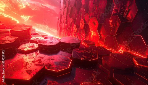 Red hot hexagonal tiles, perspective, inferno background
