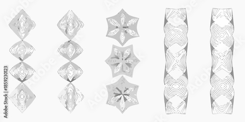 Intricate geometric patterns of silver jewelry designs displayed in a linear arrangement