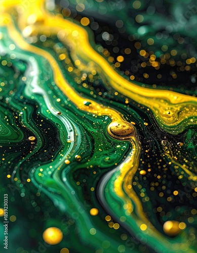 Fluid gold streaks through dark, swirling green