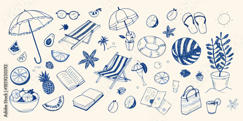 Summer vibes A playful sketch of beach essentials and tropical delights