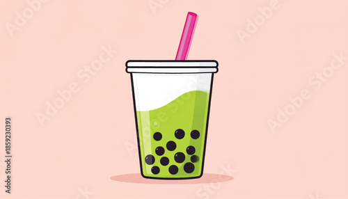 Refreshing Matcha Bubble Tea with Tapioca Pearls and Pink Straw.