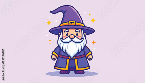 Charming Cartoon Wizard with Purple Hat and White Beard.