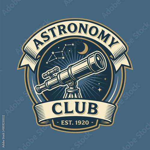 Astronomy Club Vintage Emblem Telescope Constellations.