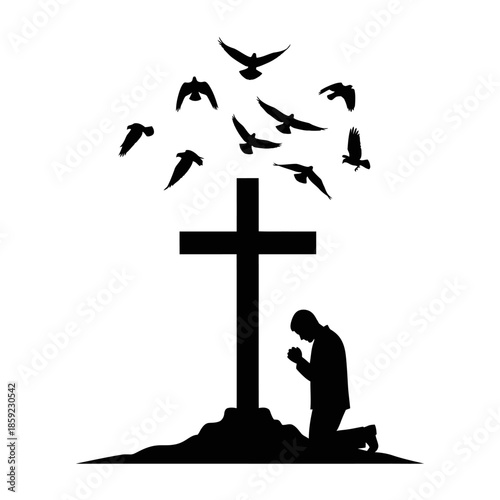 Silhouette of a praying person before a cross with flying birds above