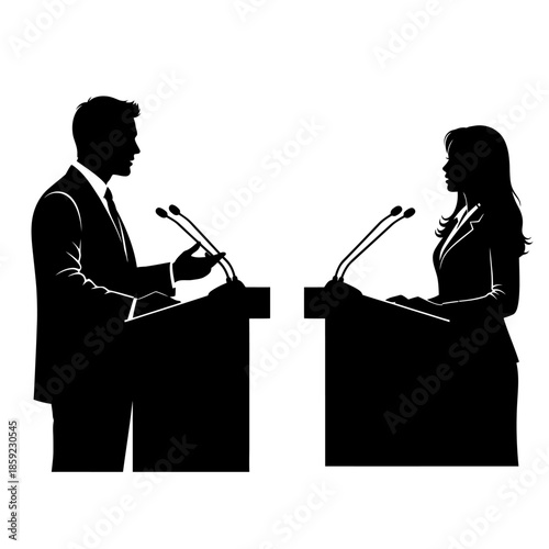A silhouette of a man and woman at podiums likely debating or presenting
