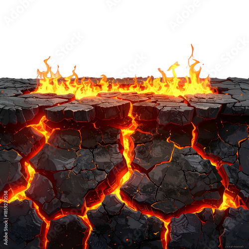 Cracked earth with molten lava and flames erupting from the crevice, dark sky above