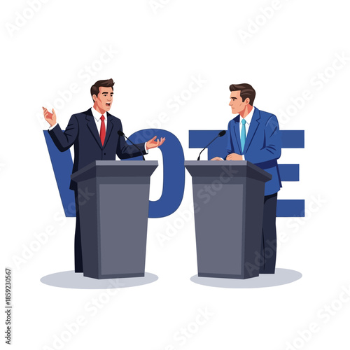Political debate illustration with two candidates and a prominent vote message