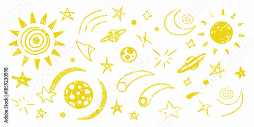 Whimsical yellow crayon drawing of stars planets moons and suns on white