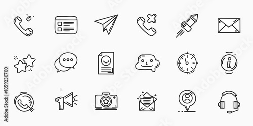 Collection of communication and technology related line icons in a grid arrangement