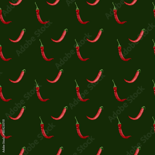 Hot chili peppers and black peppercorns. Watercolor digital illustration. Spicy vegetables, red pepper pods, seamless pattern isolated on background. Suitable for recipes, menus, cookbooks,