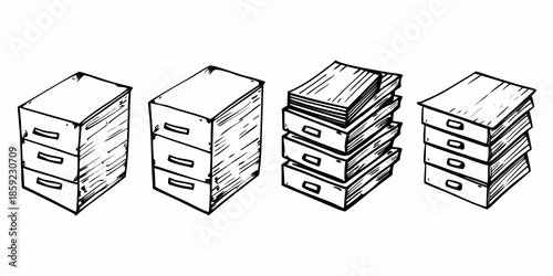 Illustration of four filing cabinets with drawers stacked with papers