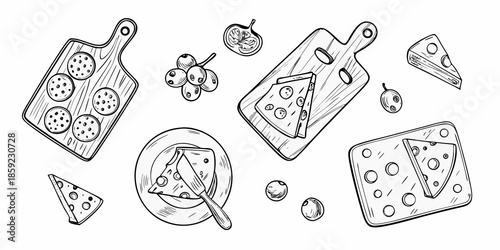 Sketch of cheese grapes and crackers arranged on wooden boards and plates