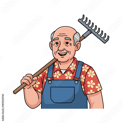 Happy senior farmer with a rake cheerfully gardening in casual attire