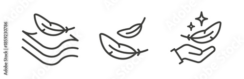 Lightweight icon set, feather on hand palm, light weight concept, soft touch surface, line art vector illustration