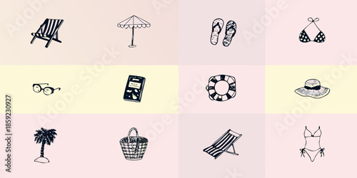 Summer essentials beach chair sunglasses swimwear and other vacation items