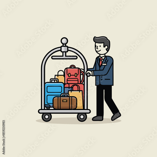 Bellhop pushing a luggage cart full of bags.