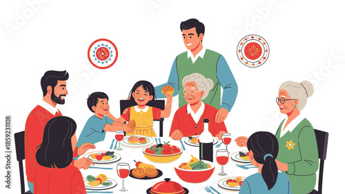 Family sharing a dinner with red envelopes on Chinese New Year 2026, with a fire horse decoration on the wall, in a warm and festive atmosphere.