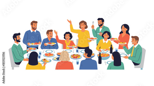 Illustration of a diverse family and friends sharing a festive dinner with red envelopes during Chinese New Year 2026 celebrations.