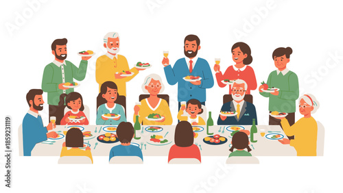 A diverse family sharing a meal and red envelopes during a festive Chinese New Year 2026 celebration with a fire horse decoration on the table.