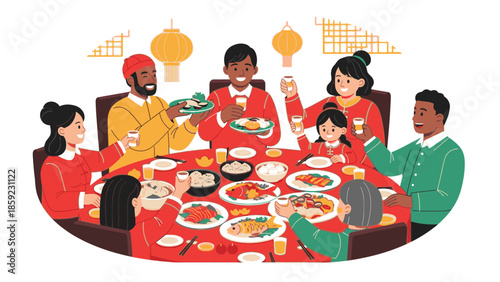 A diverse family sharing a festive dinner with red envelopes on Chinese New Year 2026, surrounded by traditional decorations and a fire horse figurine.