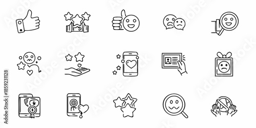 Collection of diverse black and white line art icons depicting emotions and media