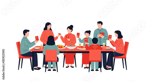 A family shares a festive dinner together, exchanging red envelopes and celebrating Chinese New Year 2026 with a fire horse decoration on the table in a warm and joyful atmosphere.