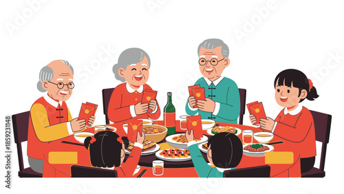 Family sharing red envelopes during a festive dinner for Chinese New Year 2026 with a fire horse decoration on the table.