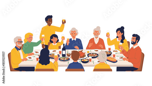 Diverse family sharing a festive dinner with red envelopes and toasting during Chinese New Year 2026 celebration with a joyful atmosphere
