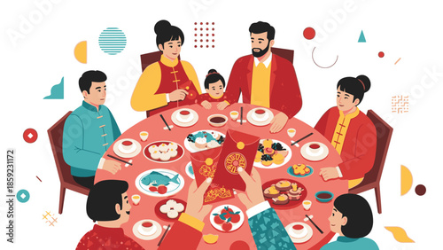 Family sharing a festive dinner with red envelopes on Chinese New Year 2026, surrounded by colorful decorations and a fire horse figurine on the table.
