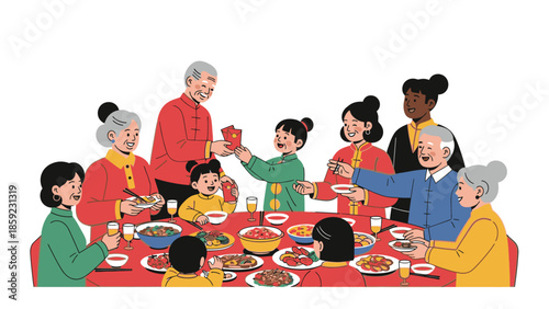 Family sharing dinner and red envelopes during Chinese New Year 2026 with a fire horse decoration on the table in a warm and festive atmosphere.