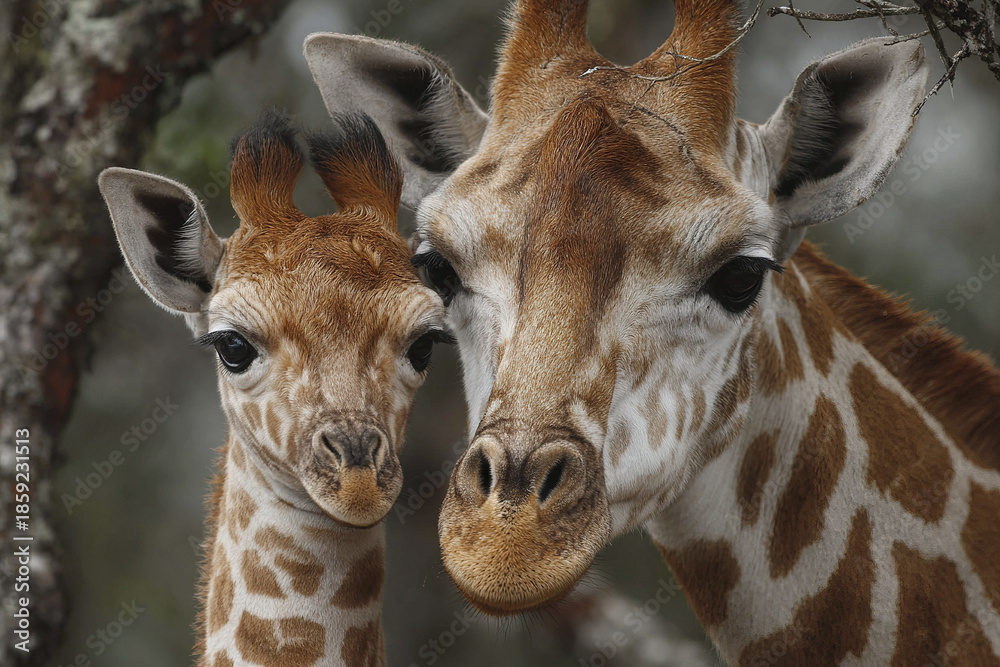 Naklejka premium Giraffe mother and calf close up portrait showing detailed fur pattern and gentle expression in natural habitat with blurred background creating warm and protective atmosphere
