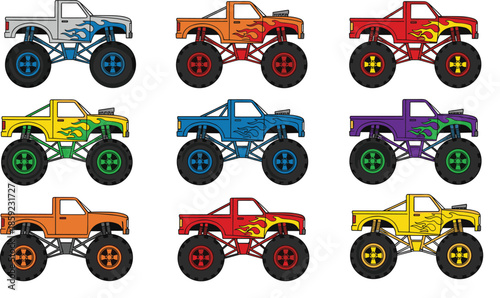 Colorful monster truck set flat vector illustration featuring multiple off road pickup designs, big wheels, cartoon racing vehicles collection