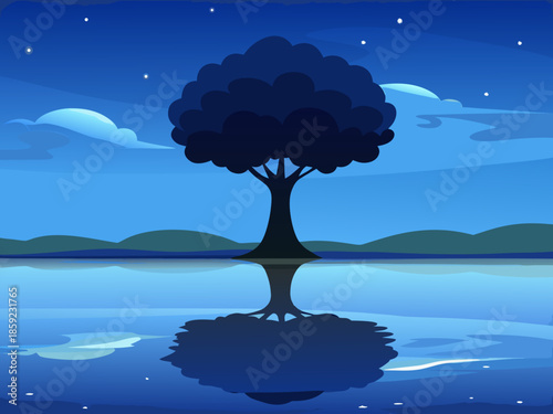 A solitary tree rooted on a small island casts a dramatic silhouette, perfectly reflected in the pristine blue water under a tranquil night sky gently adorned with soft clouds and twinkling stars.