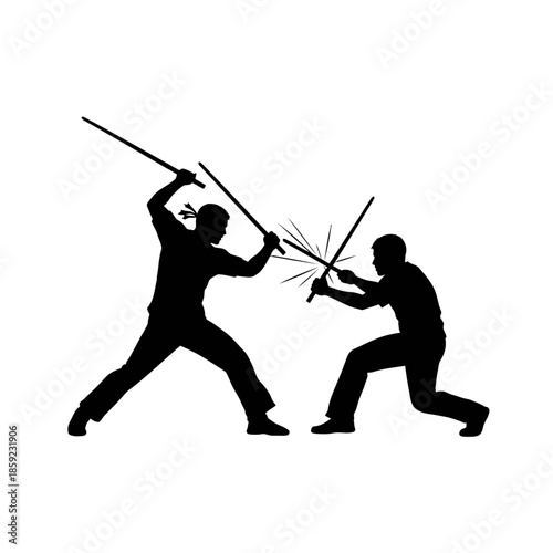 Silhouette of two men engaged in a dynamic sword fighting duel