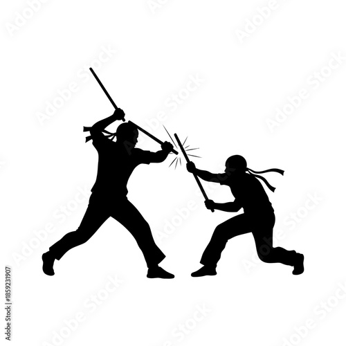 Silhouette of two figures engaged in a dynamic swordsmanship duel