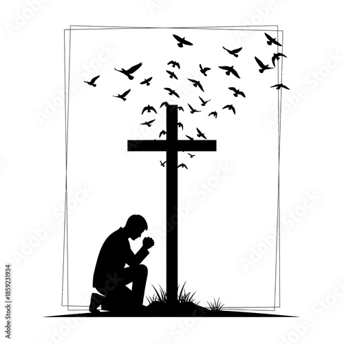 A man kneeling in prayer before a cross with birds taking flight