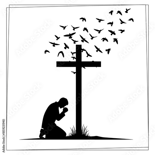A silhouette of a person praying before a cross with flying birds