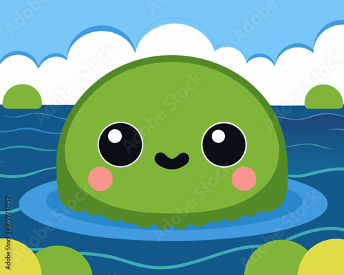 An adorable kawaii-style green blob creature with big eyes and rosy cheeks happily floats in calm blue water under a clear blue sky with fluffy white clouds.