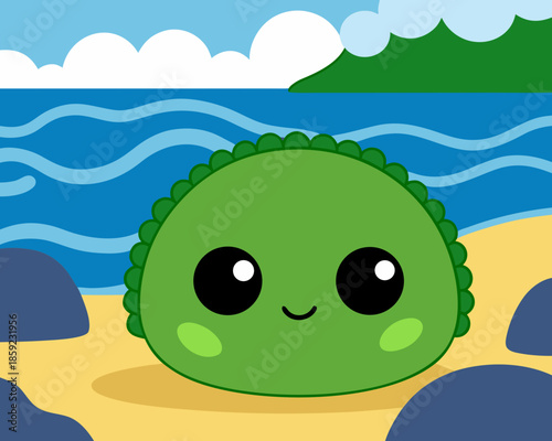 A delightful kawaii-style green blob creature with sparkling big eyes and rosy cheeks sits cheerfully on a sandy beach next to the gently waving blue ocean.