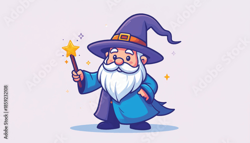 Cartoon Wizard Casting Spell with Magic Wand Illustration.