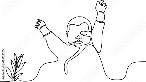 Continuous line drawing of a happy baby raising hands. Minimalist one line art of an infant with plant element.